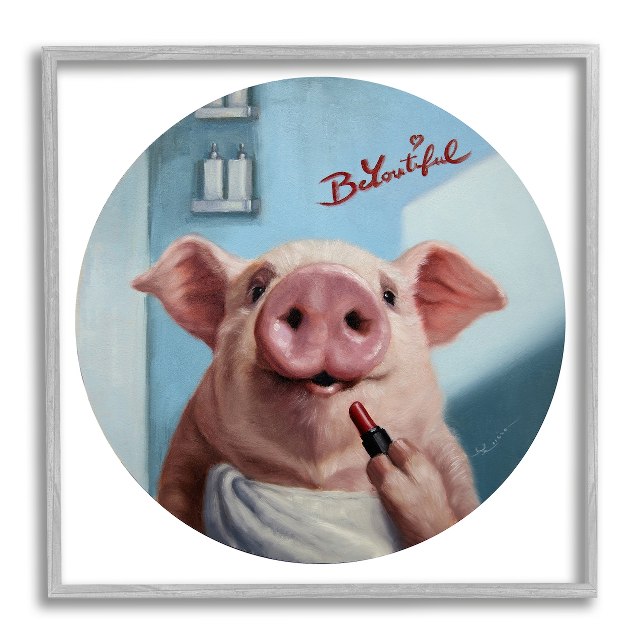 Stupell Industries Be-You-Tiful Pink Pig in Towel Lipstick Big Snout Framed Wall Art